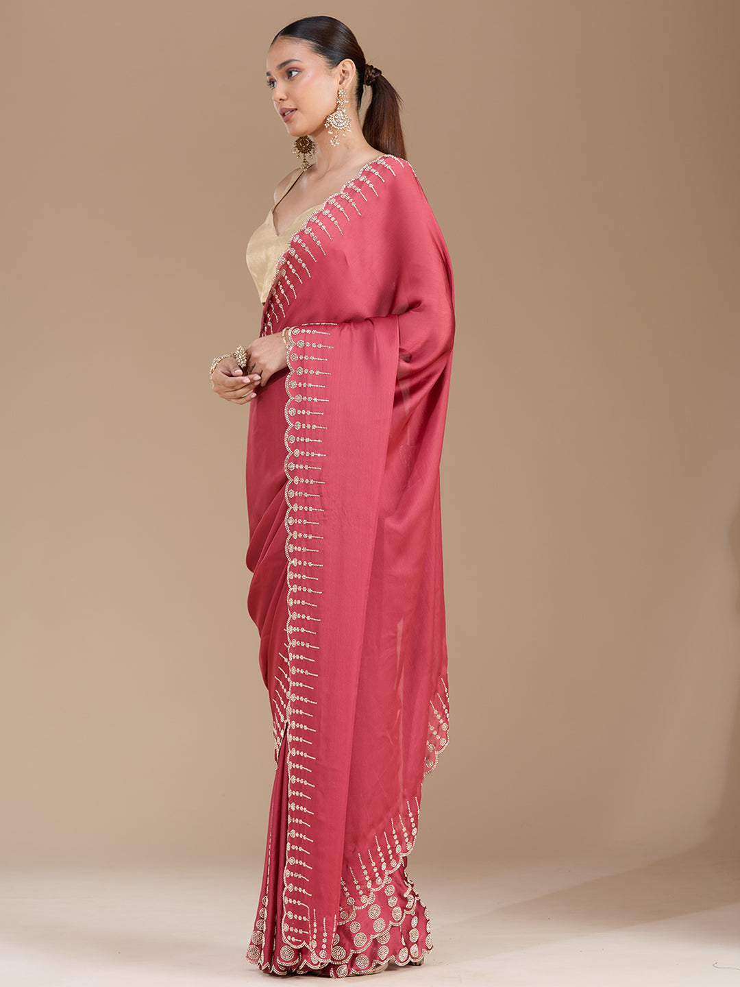 Onion Pink Stonework (Gold) Chiffon Saree