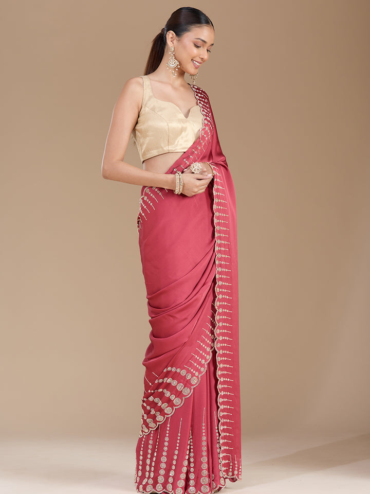 Onion Pink Stonework (Gold) Chiffon Saree