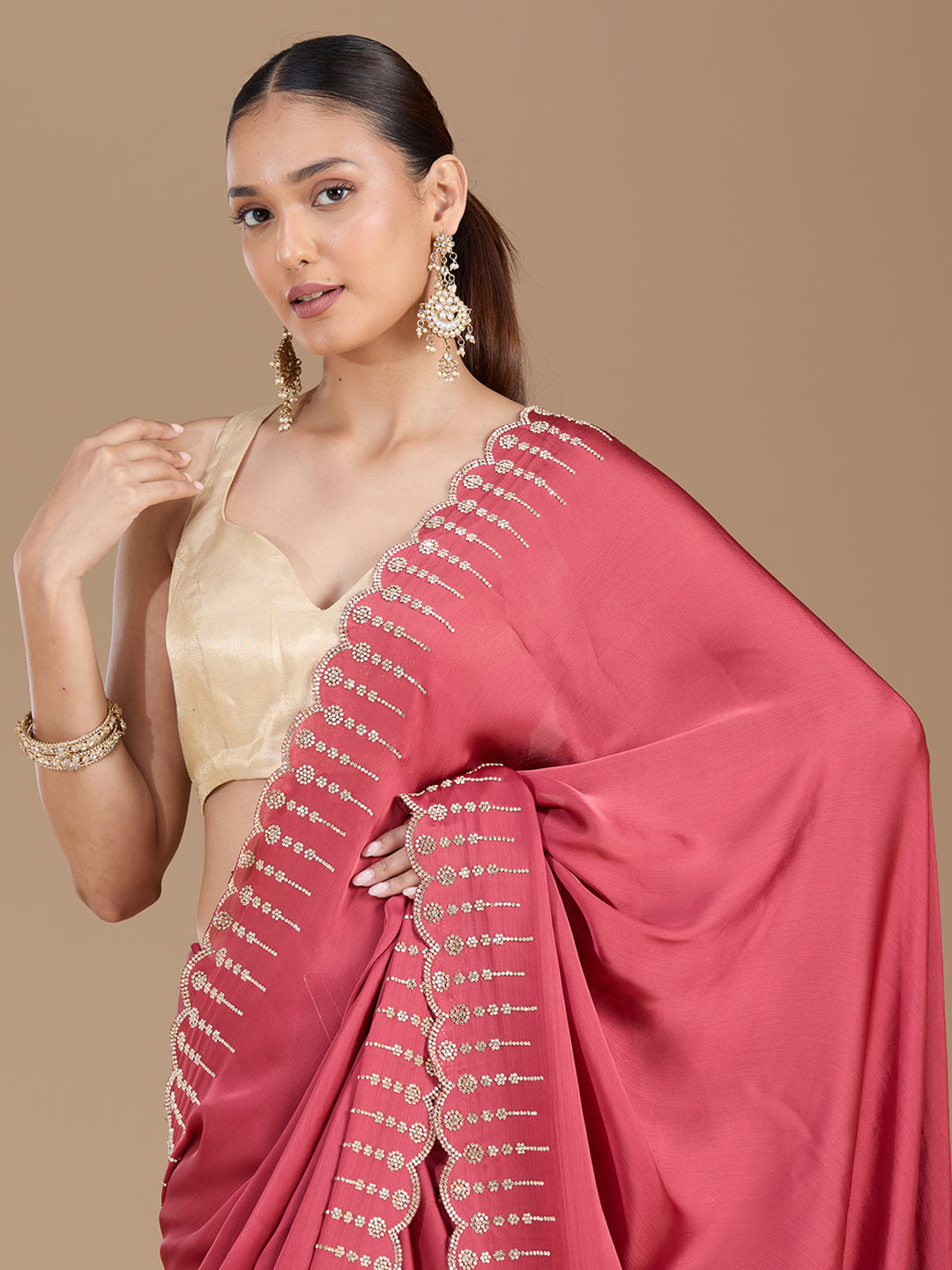 Onion Pink Stonework (Gold) Chiffon Saree