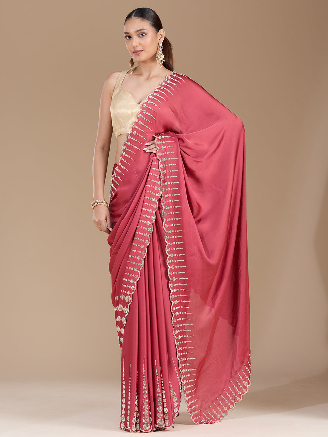 Onion Pink Stonework (Gold) Chiffon Saree