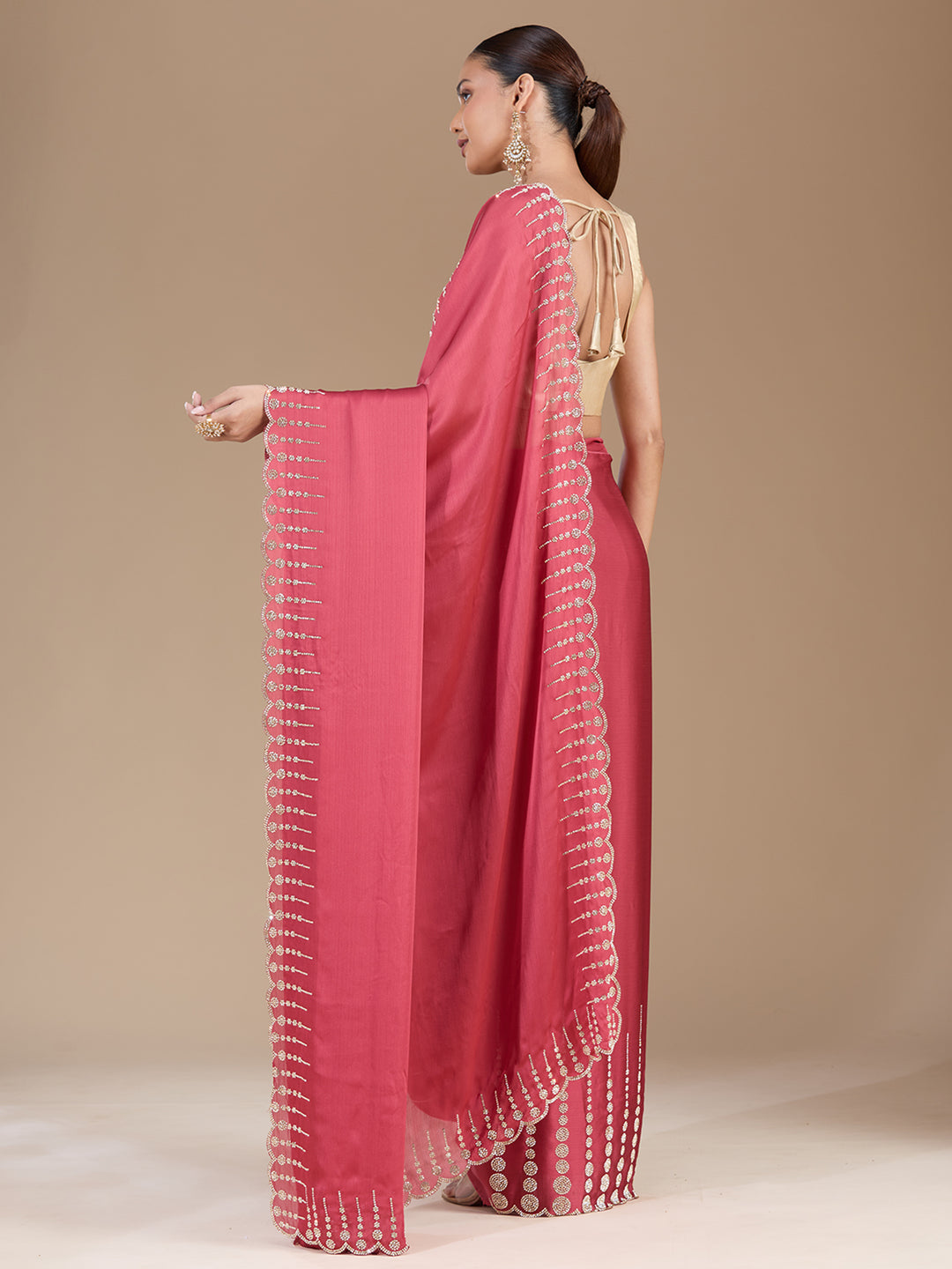 Onion Pink Stonework (Gold) Chiffon Saree
