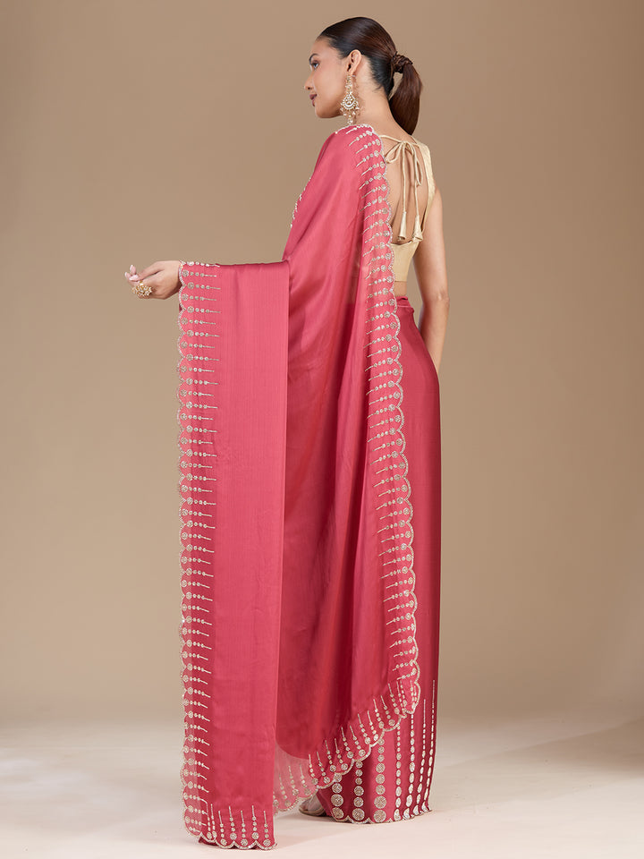 Onion Pink Stonework (Gold) Chiffon Saree