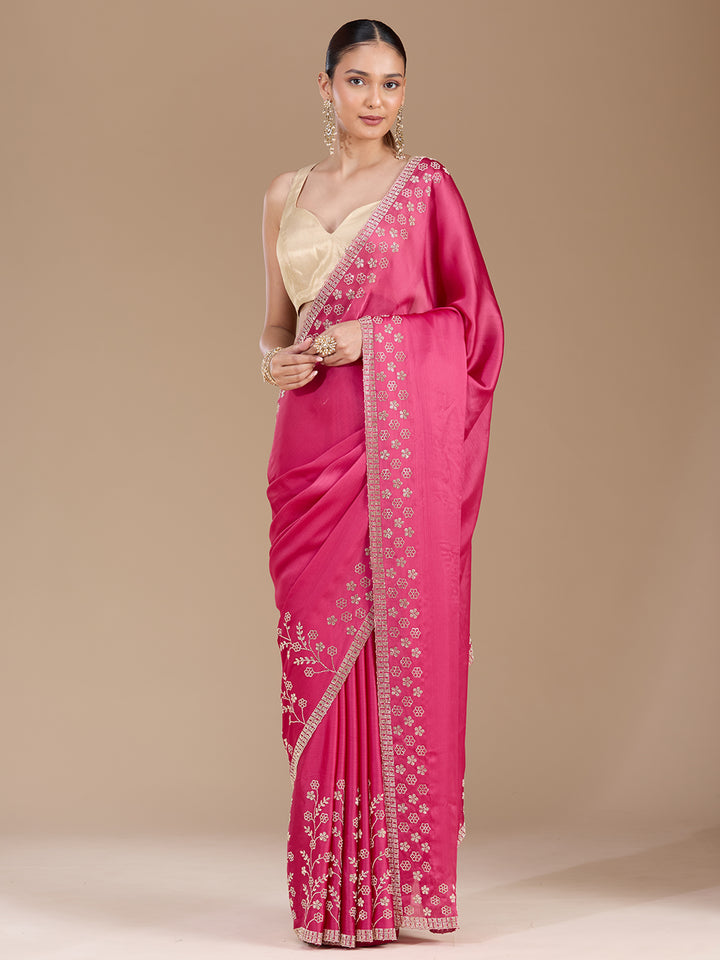 Pink Stonework (Gold) Chiffon Saree