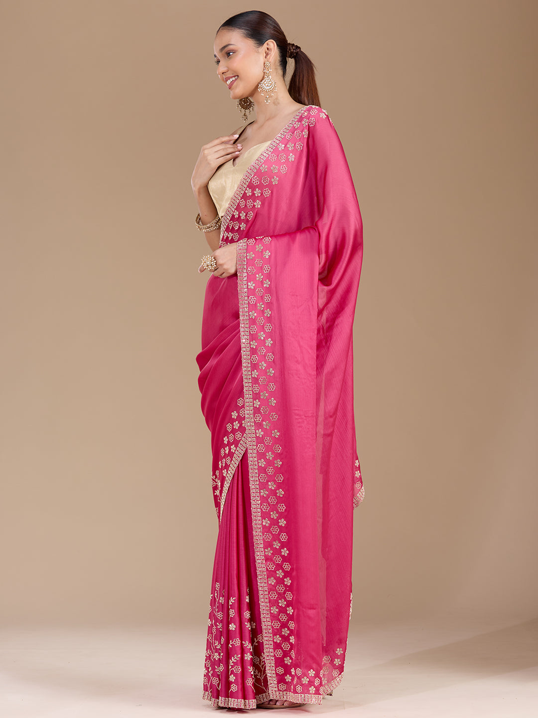 Pink Stonework (Gold) Chiffon Saree