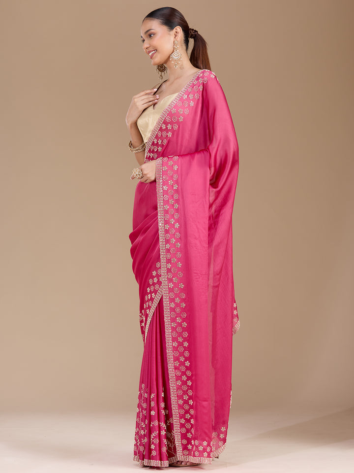 Pink Stonework (Gold) Chiffon Saree