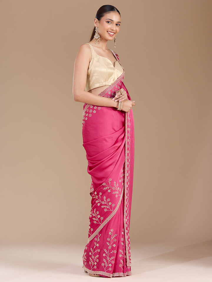 Pink Stonework (Gold) Chiffon Saree