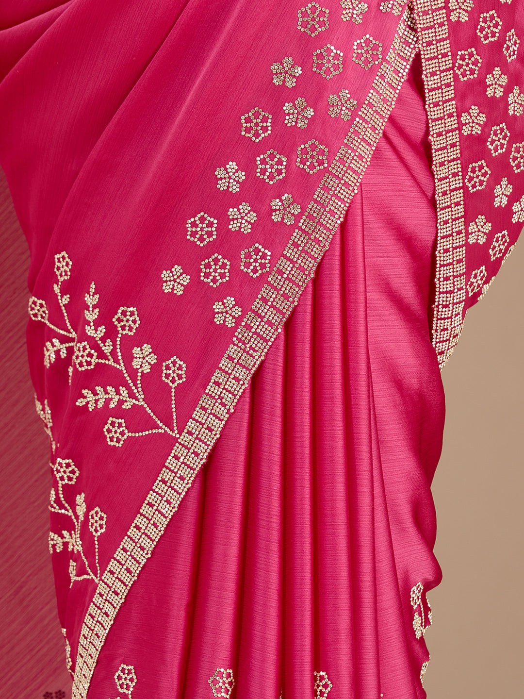 Pink Stonework (Gold) Chiffon Saree
