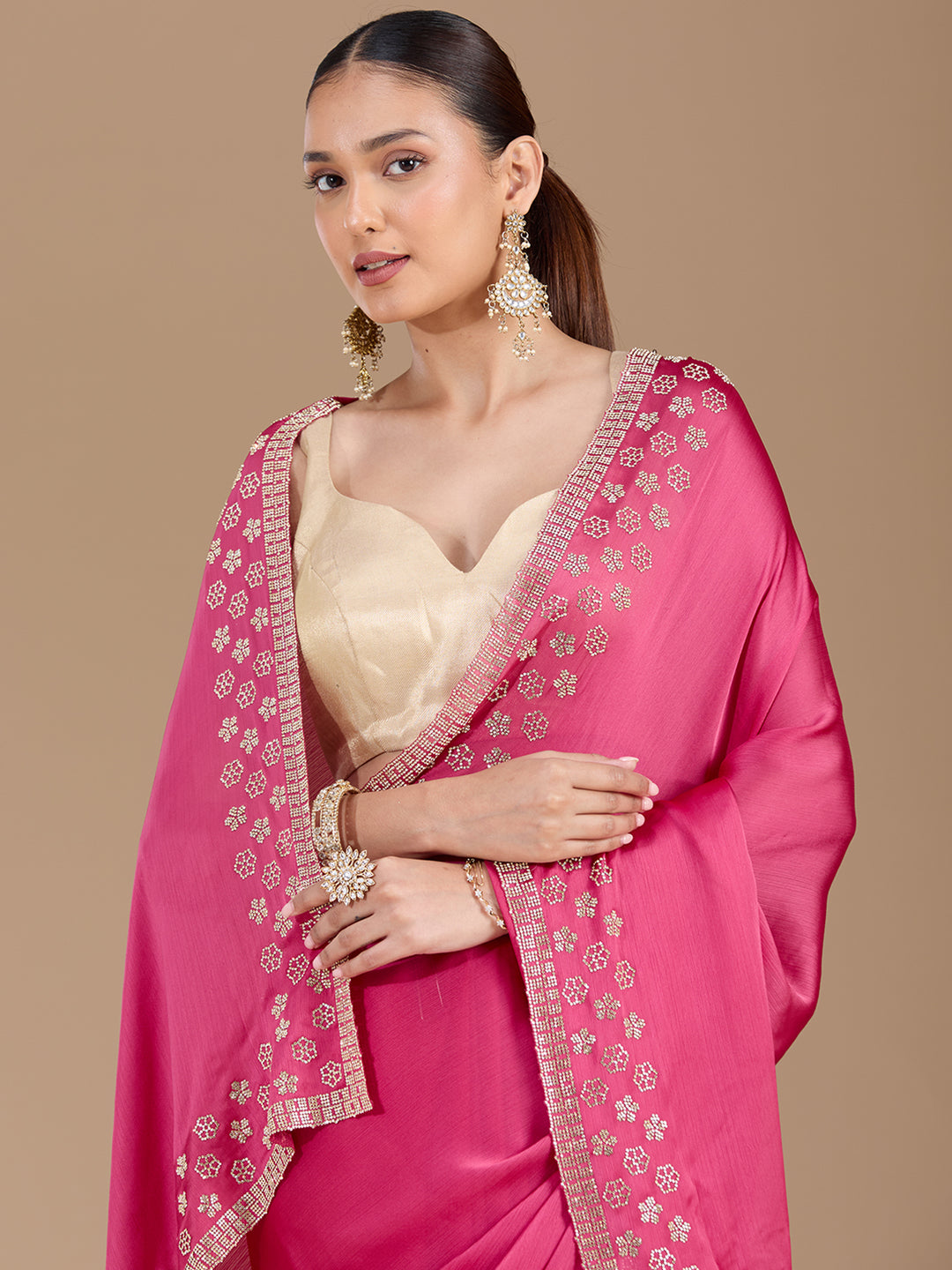 Pink Stonework (Gold) Chiffon Saree