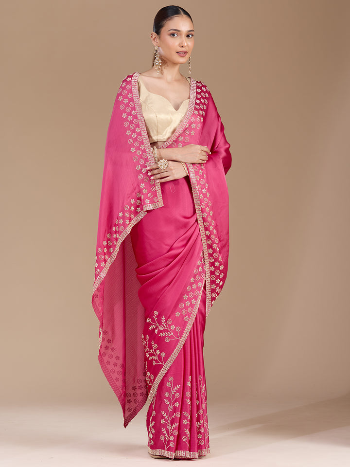 Pink Stonework (Gold) Chiffon Saree