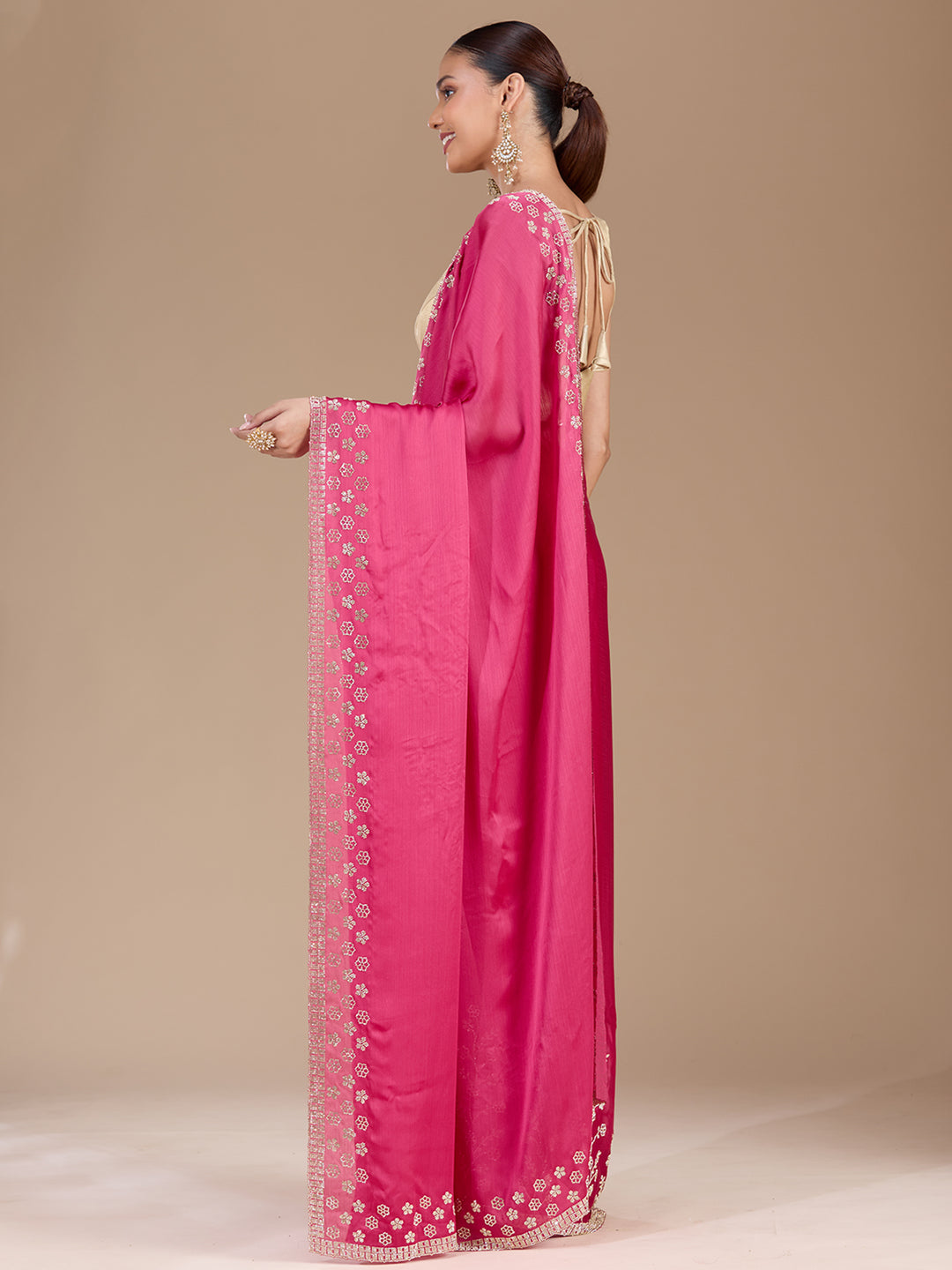 Pink Stonework (Gold) Chiffon Saree