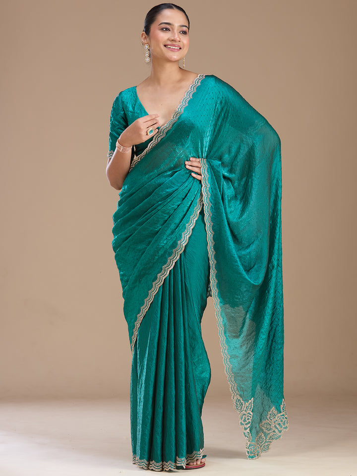 Rama Green Stonework (Gold) Chiffon Saree