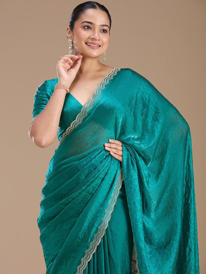 Rama Green Stonework (Gold) Chiffon Saree