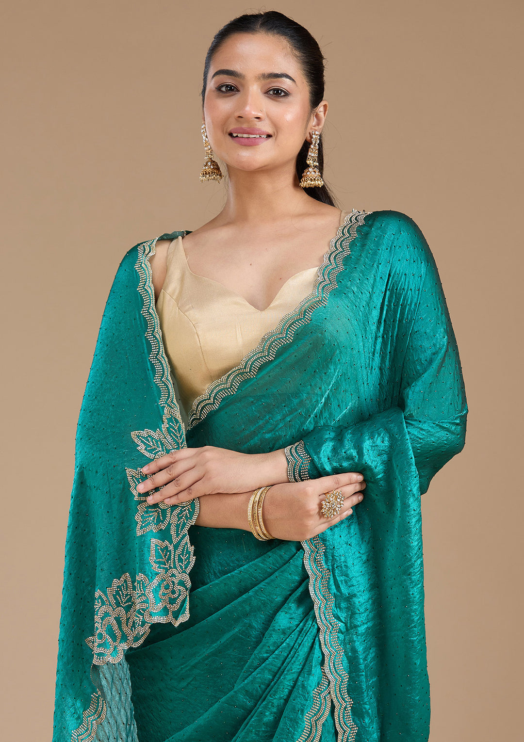 Rama Green Stonework (Gold) Chiffon Saree