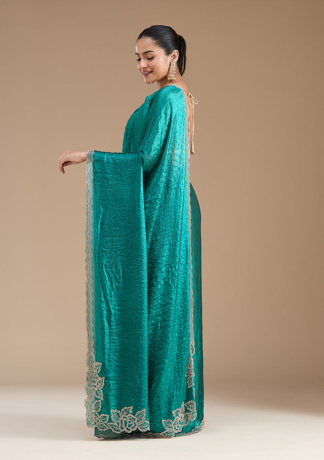 Rama Green Stonework (Gold) Chiffon Saree