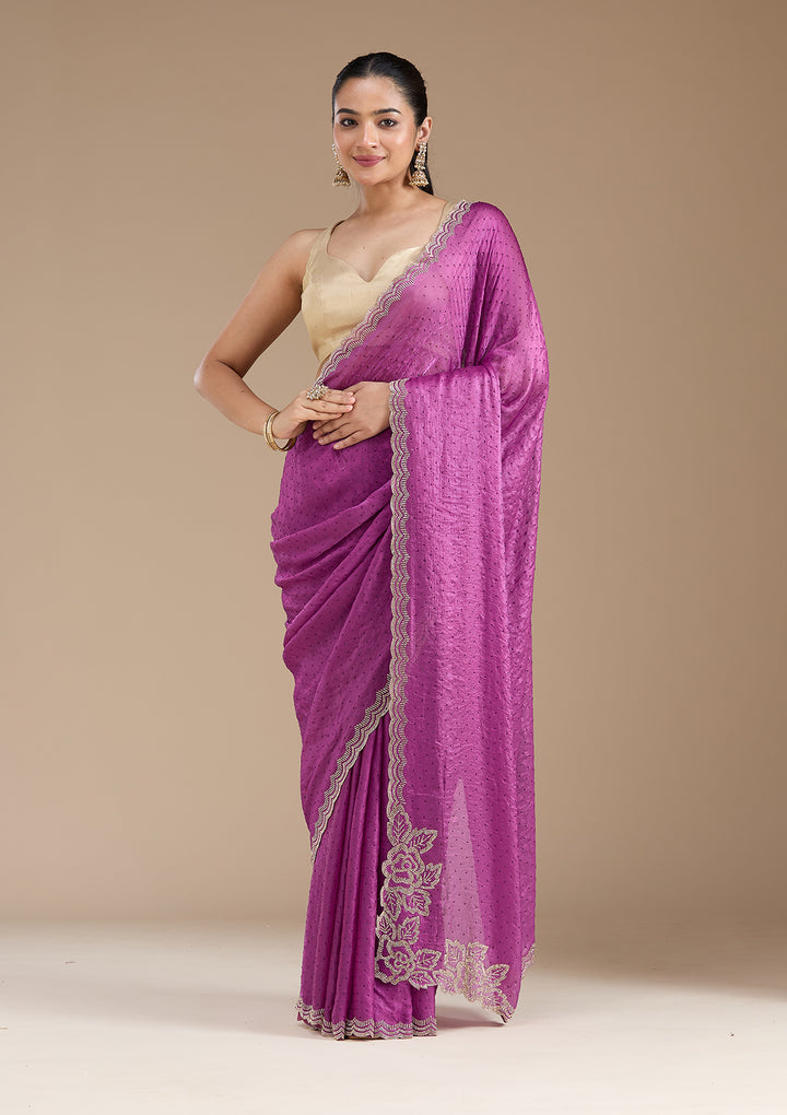 Wine Stonework (Gold) Chiffon Saree
