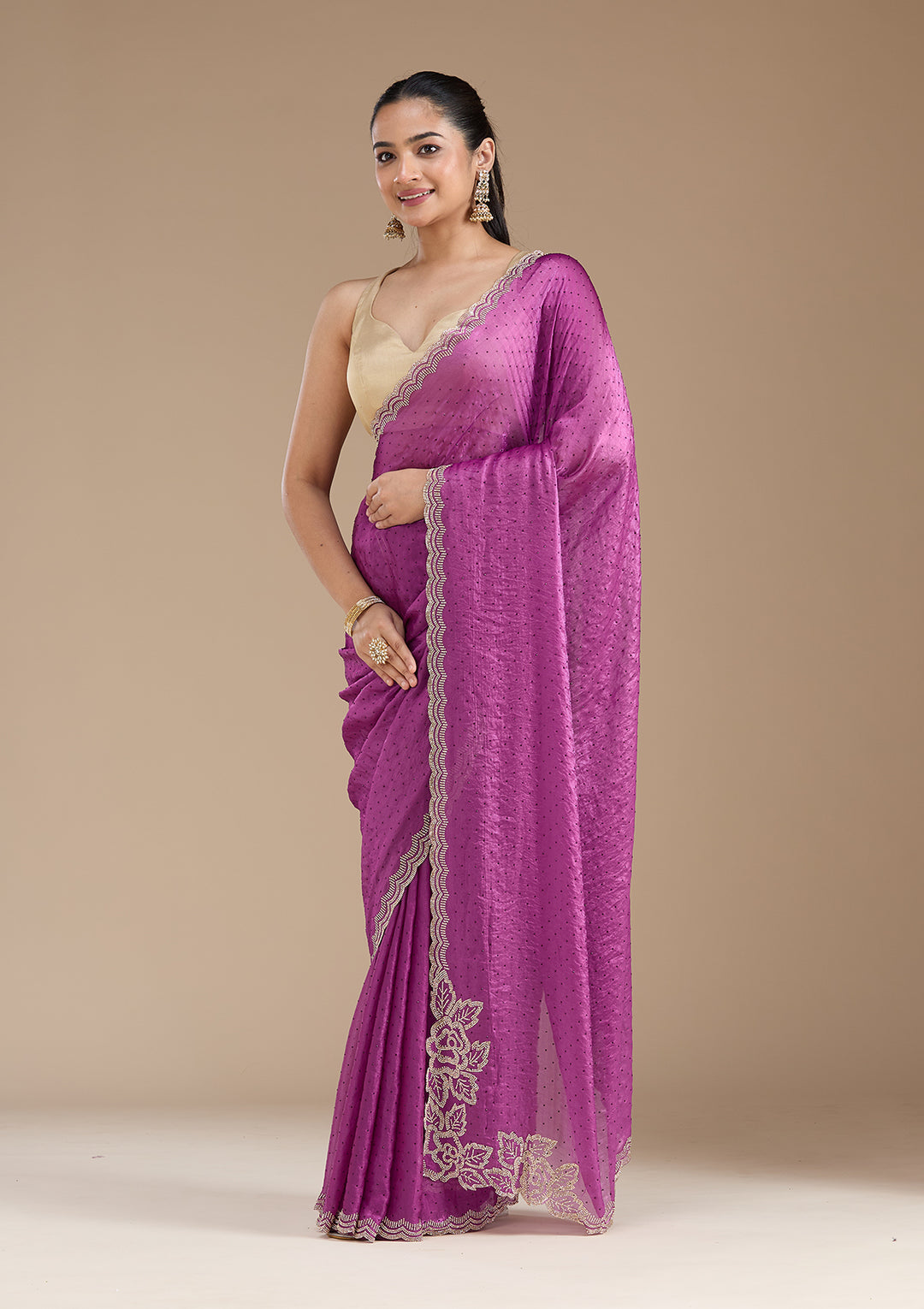 Wine Stonework (Gold) Chiffon Saree