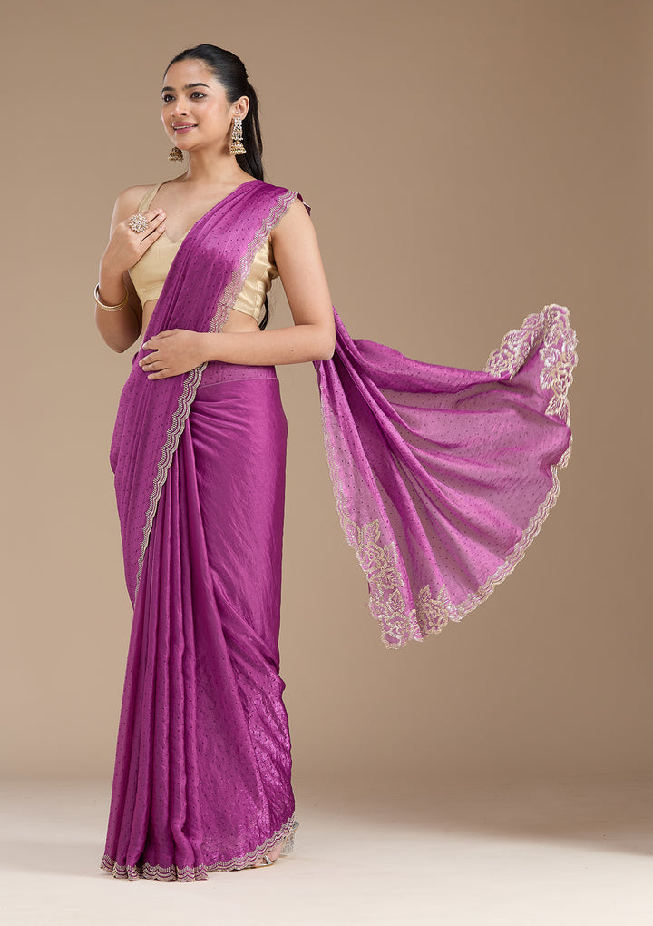 Wine Stonework (Gold) Chiffon Saree