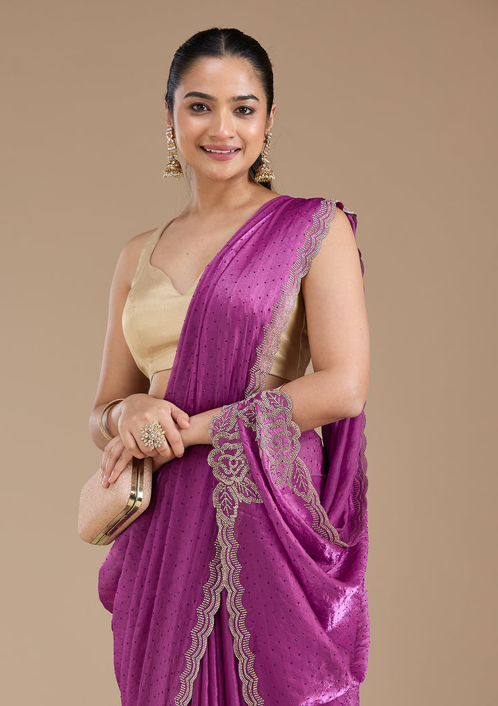 Wine Stonework (Gold) Chiffon Saree