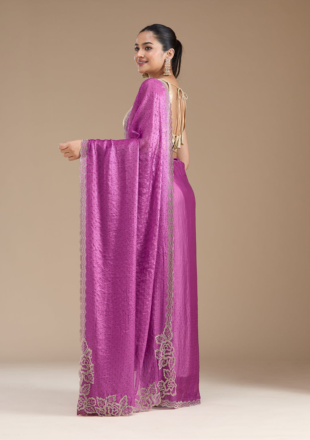 Wine Stonework (Gold) Chiffon Saree