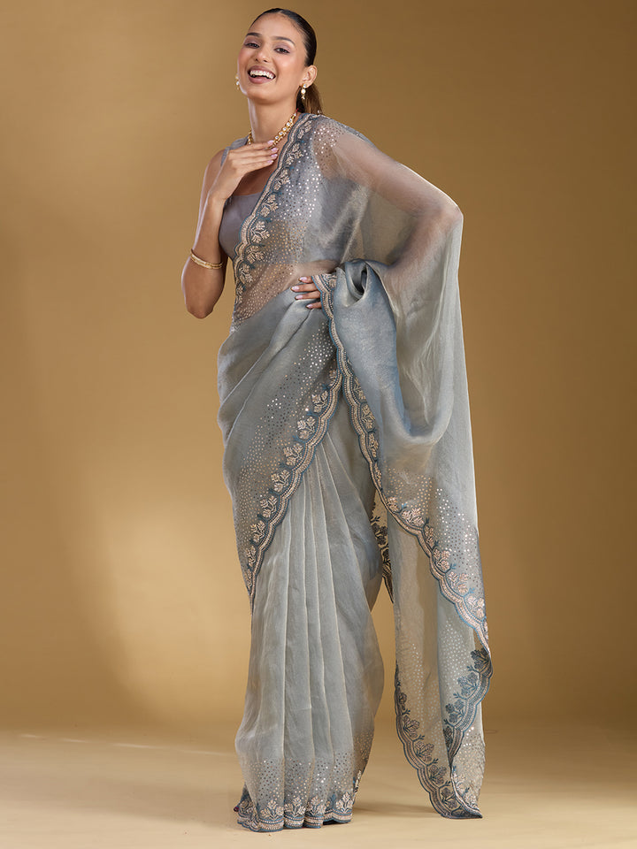 Grey Stonework (Gold) Tissue Saree