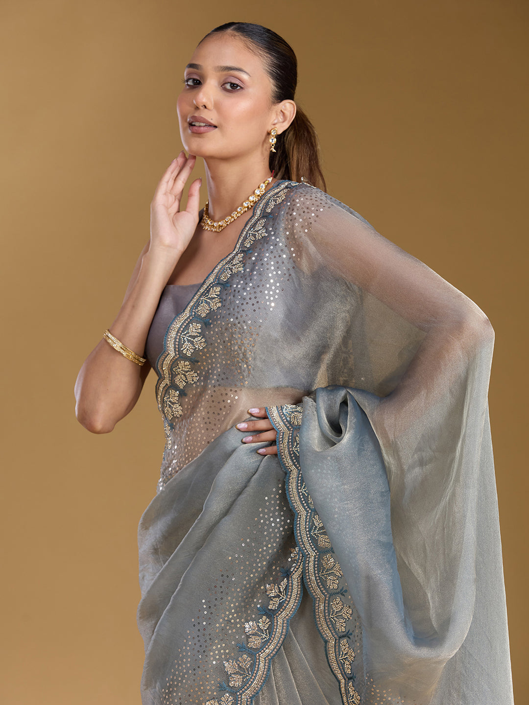 Grey Stonework (Gold) Tissue Saree