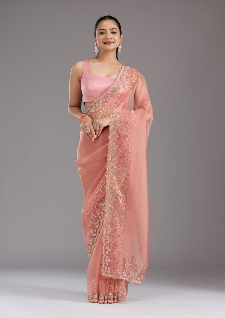 Peach Stonework Tissue Saree