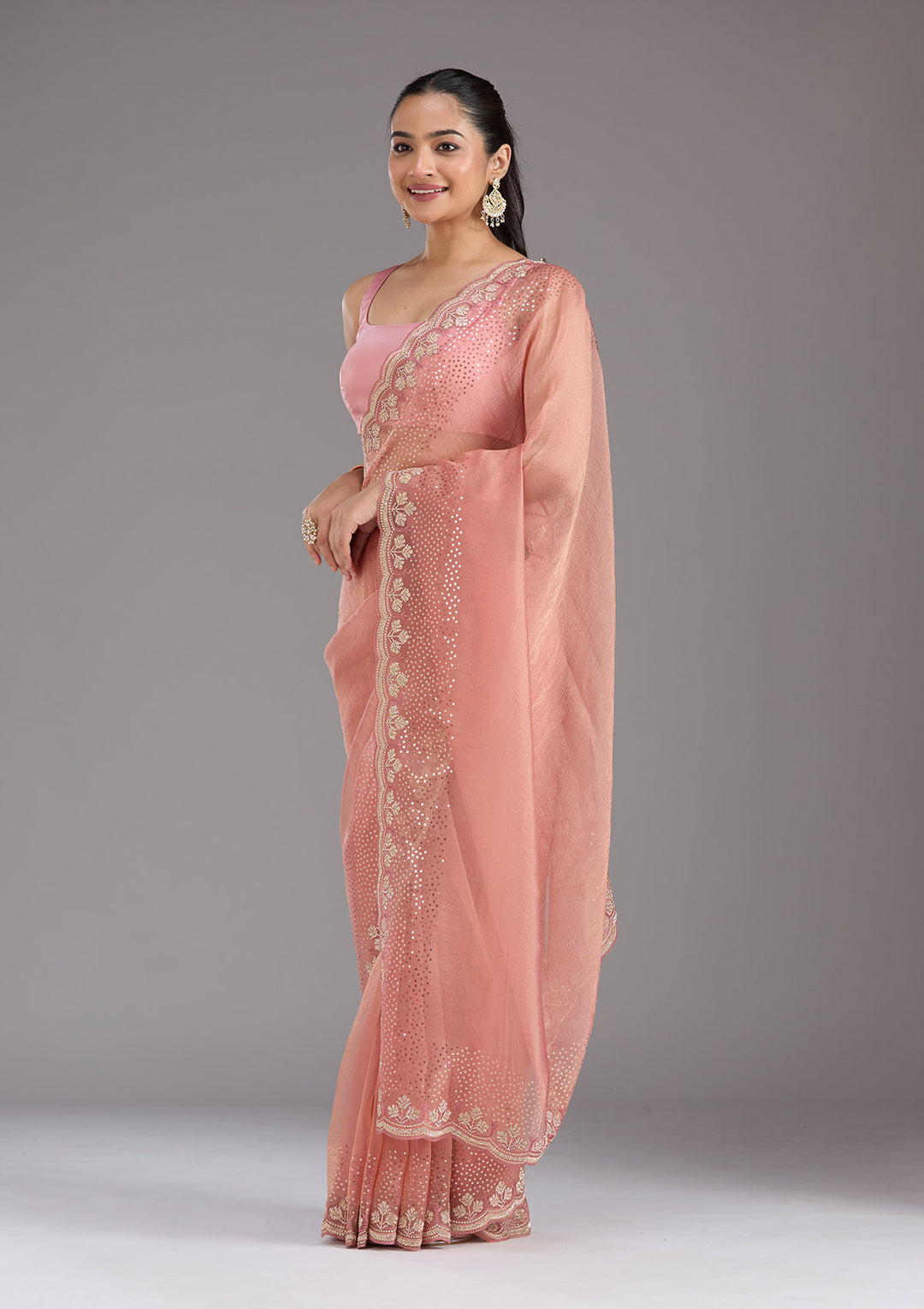 Peach Stonework Tissue Saree
