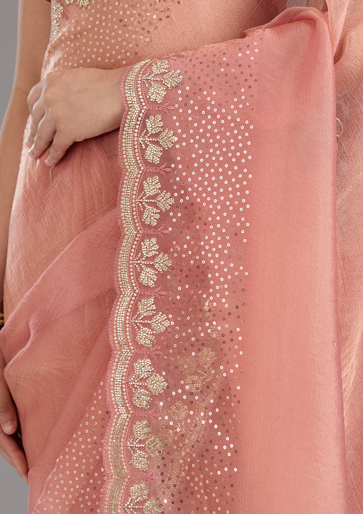 Peach Stonework Tissue Saree