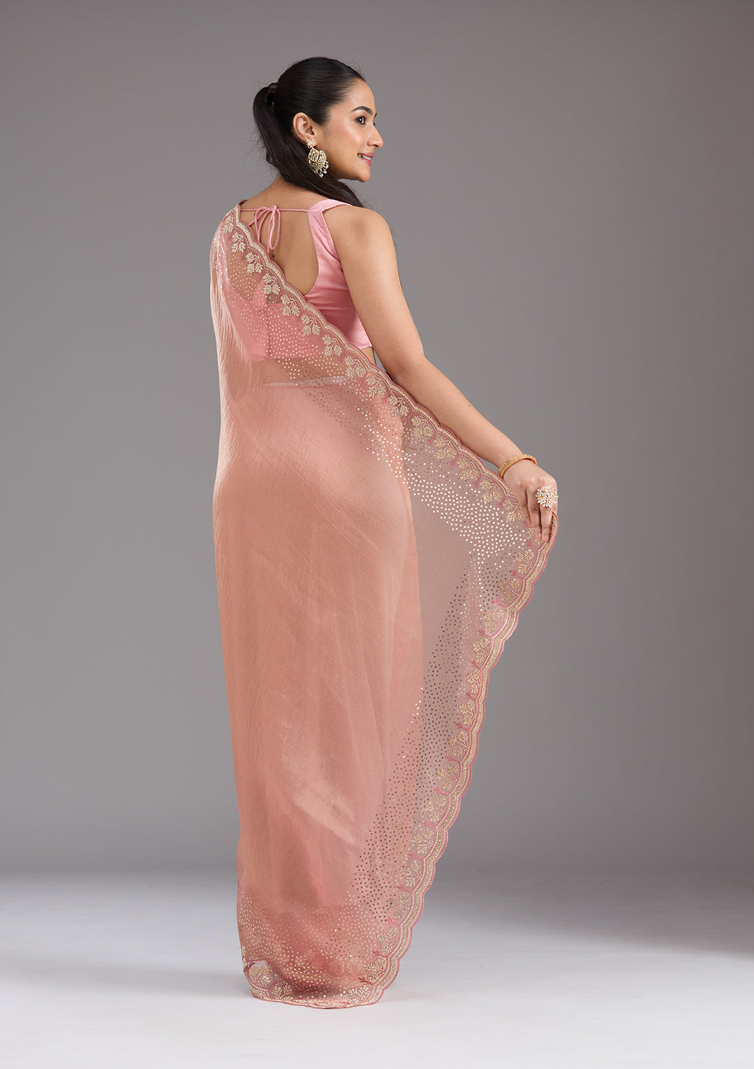 Peach Stonework Tissue Saree