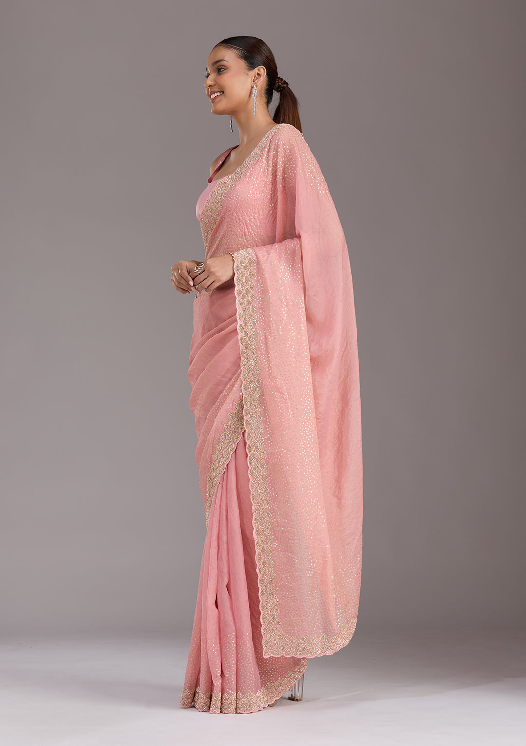 Baby Pink Sequins Tissue Saree
