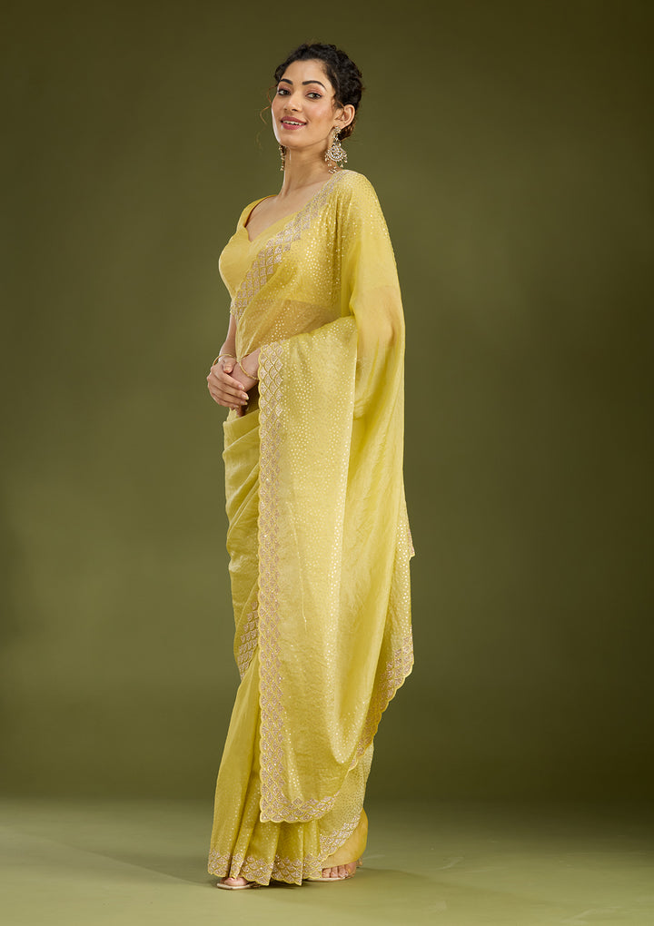Lime Green Sequins Tissue Saree