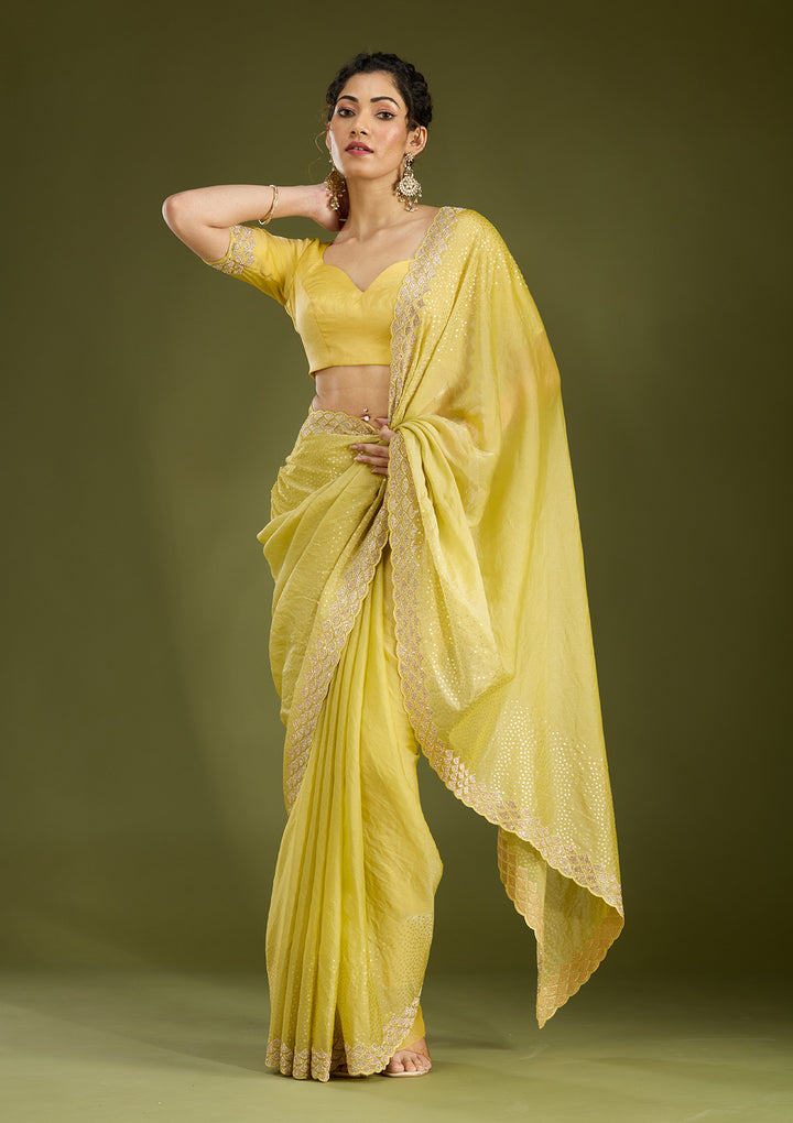 Lime Green Sequins Tissue Saree