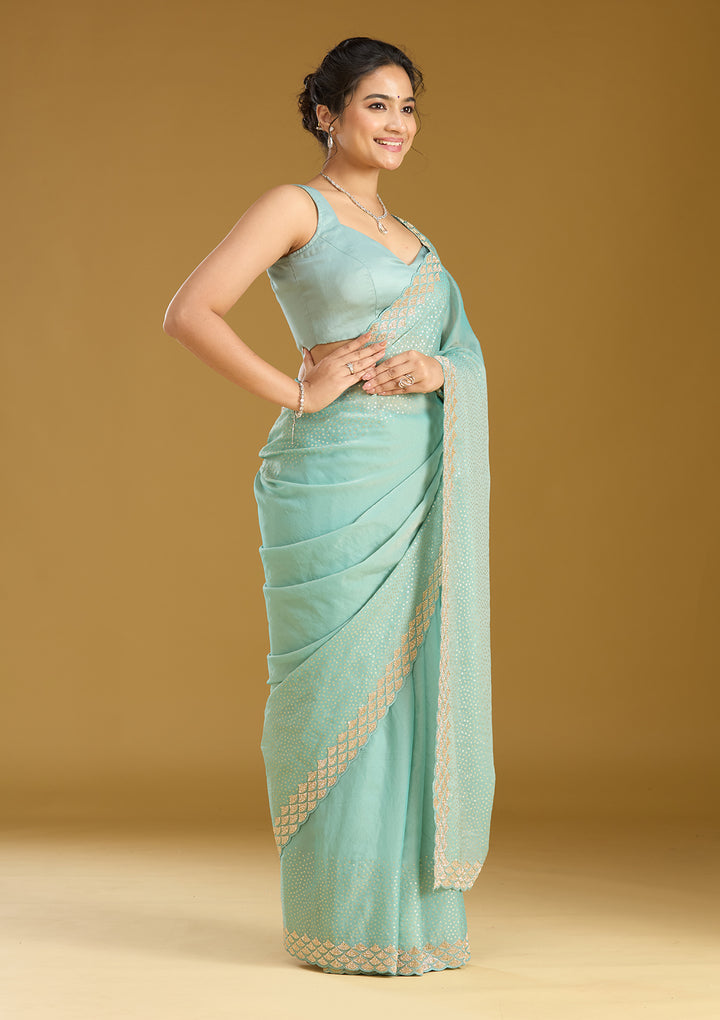 Sea Green Sequins Tissue Saree