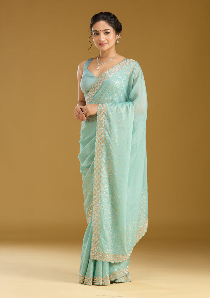 Sea Green Sequins Tissue Saree