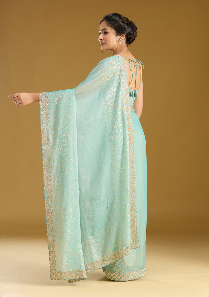 Sea Green Sequins Tissue Saree