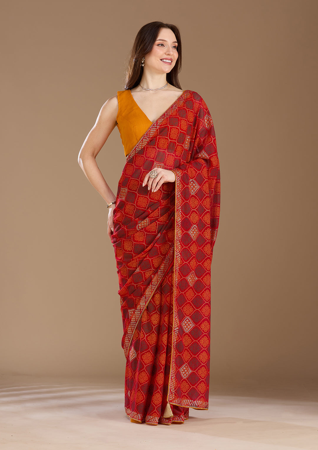 Red Stonework (Gold) Georgette Saree