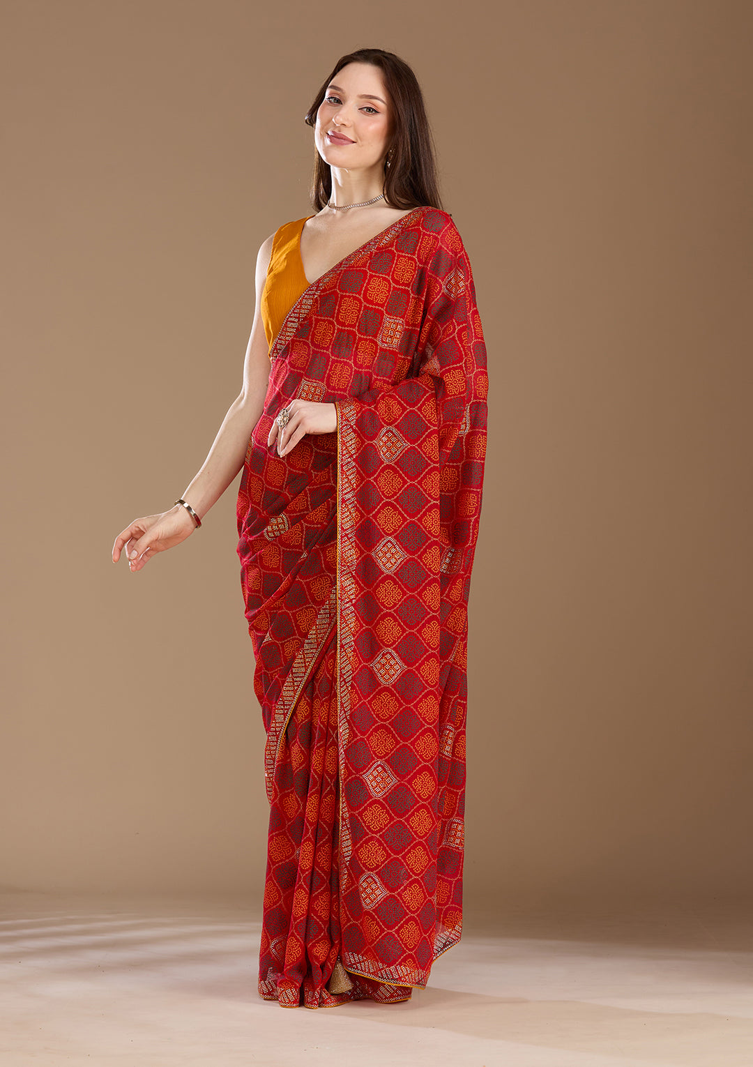 Red Stonework (Gold) Georgette Saree