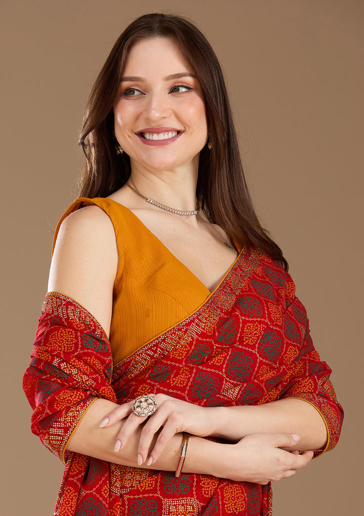 Red Stonework (Gold) Georgette Saree