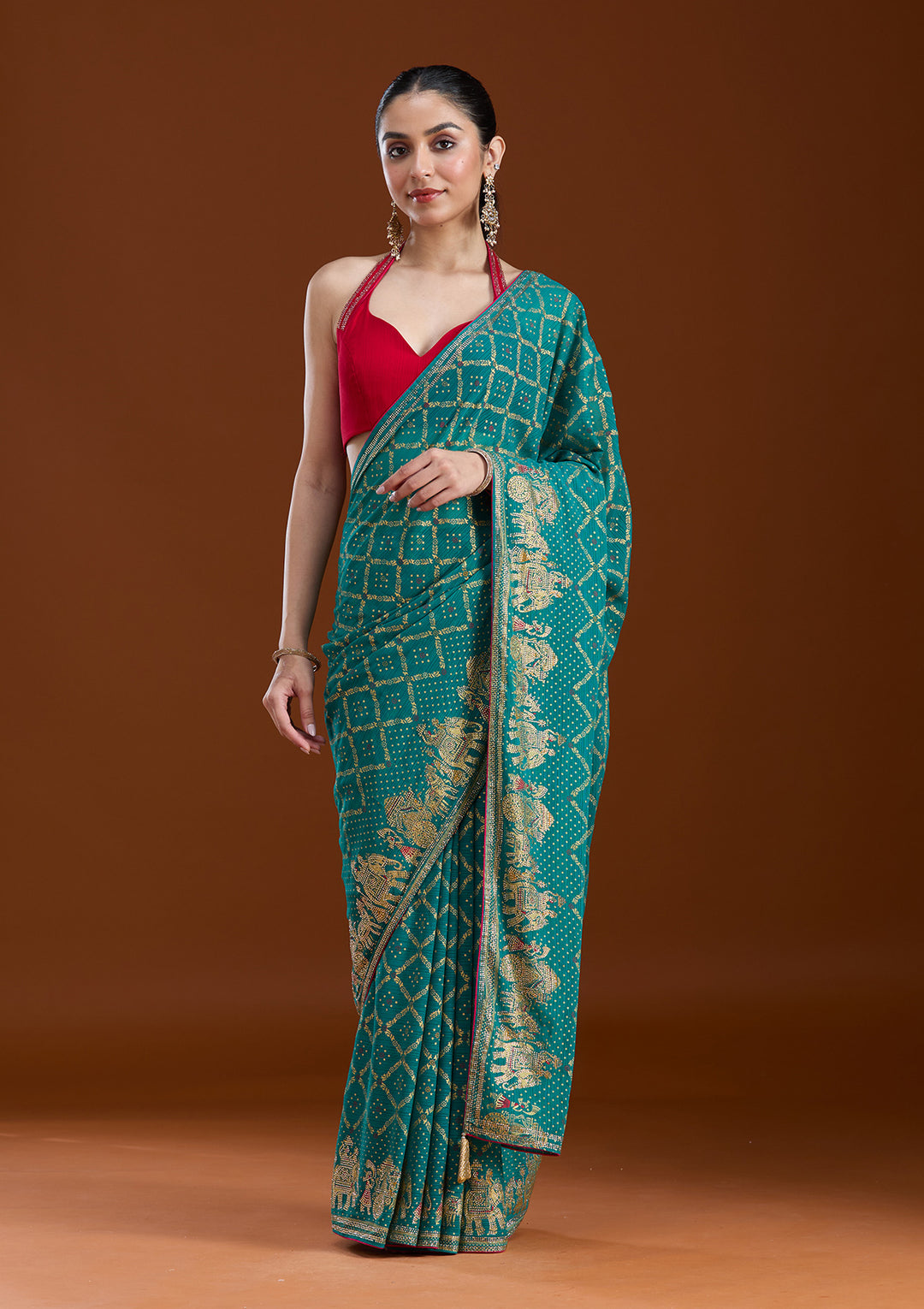 Rama Green Stonework (Gold) Georgette Saree