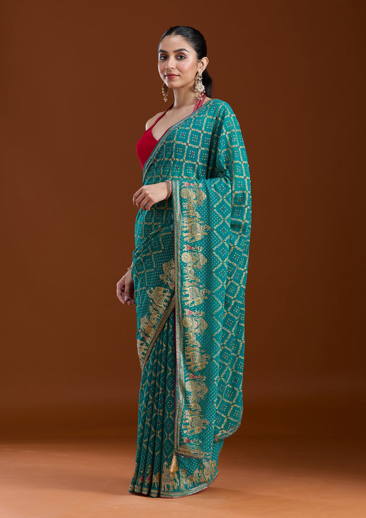 Rama Green Stonework (Gold) Georgette Saree