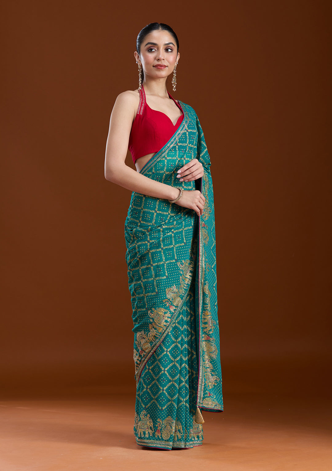 Rama Green Stonework (Gold) Georgette Saree