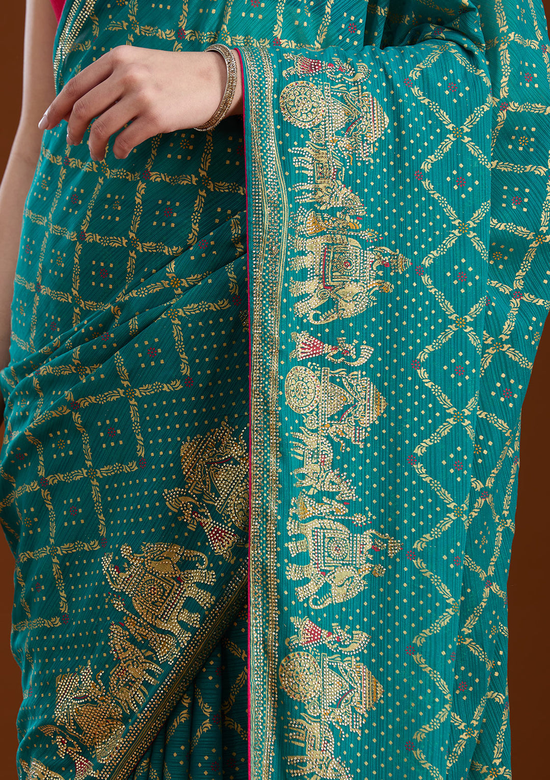 Rama Green Stonework (Gold) Georgette Saree