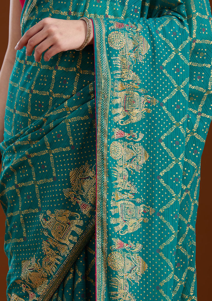 Rama Green Stonework (Gold) Georgette Saree