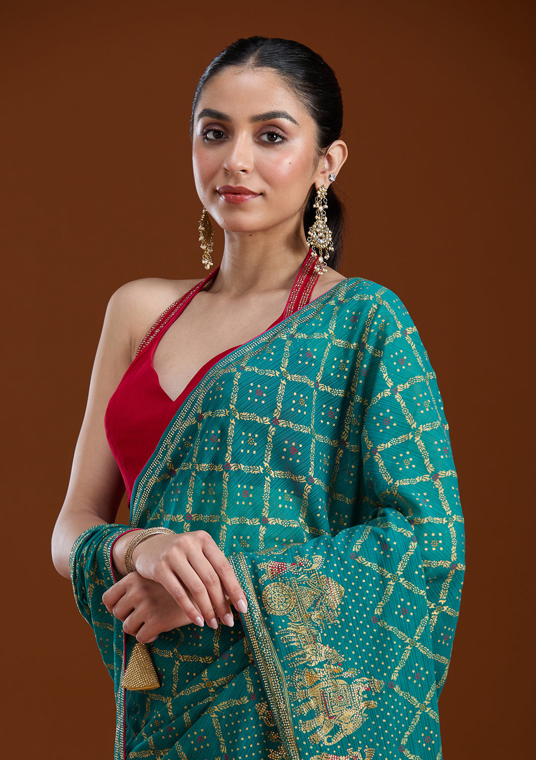 Rama Green Stonework (Gold) Georgette Saree