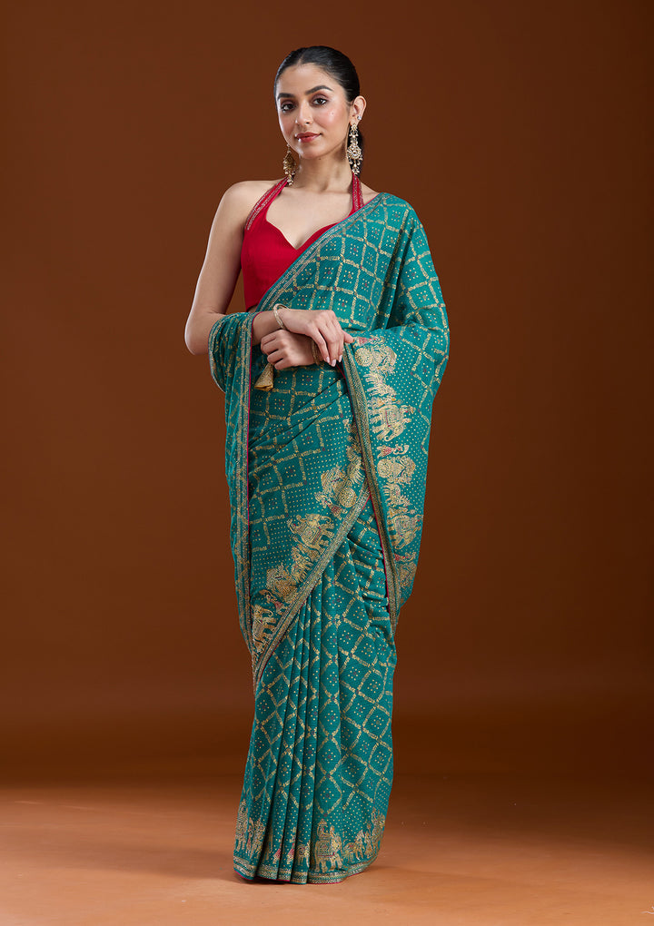 Rama Green Stonework (Gold) Georgette Saree