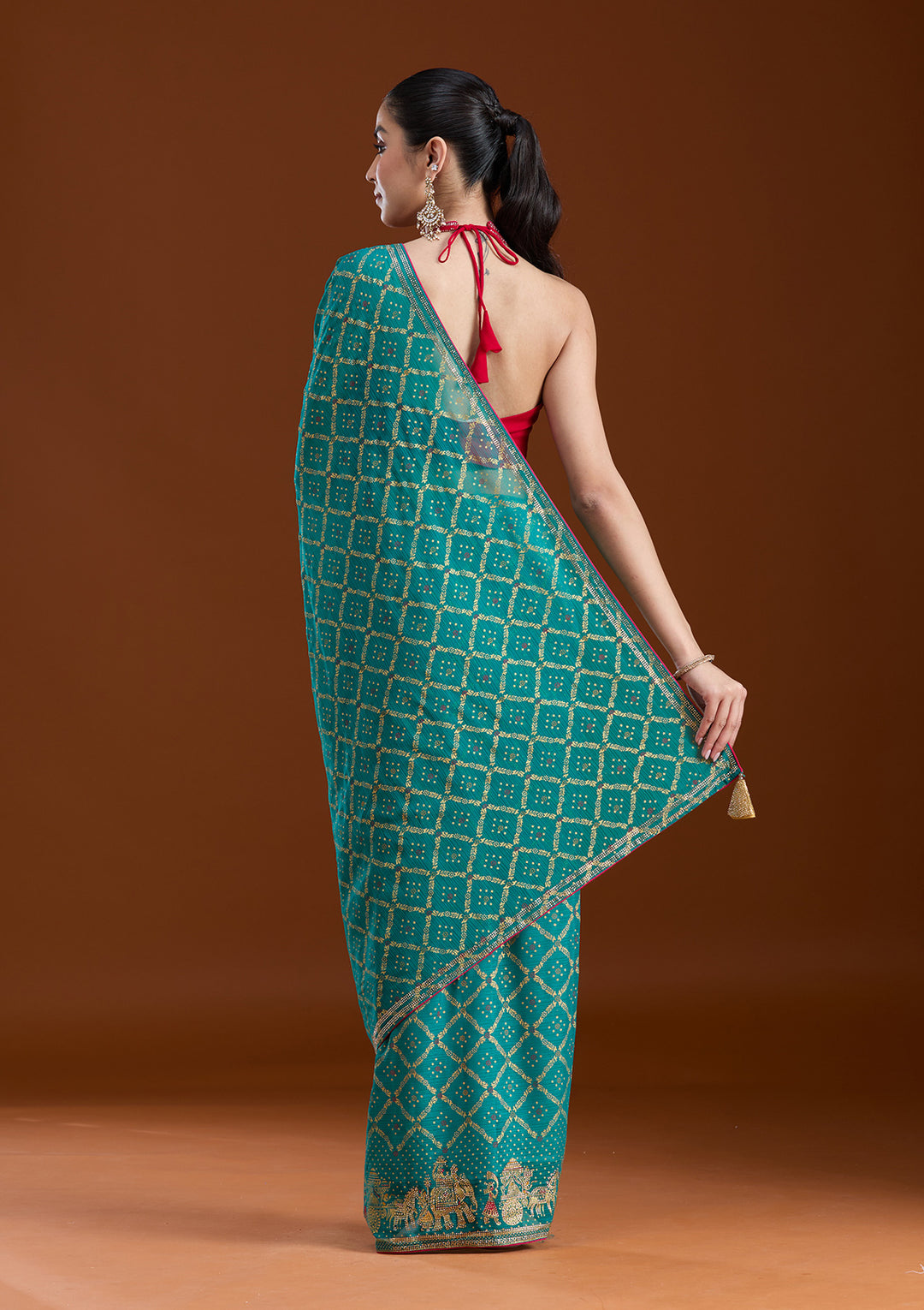 Rama Green Stonework (Gold) Georgette Saree