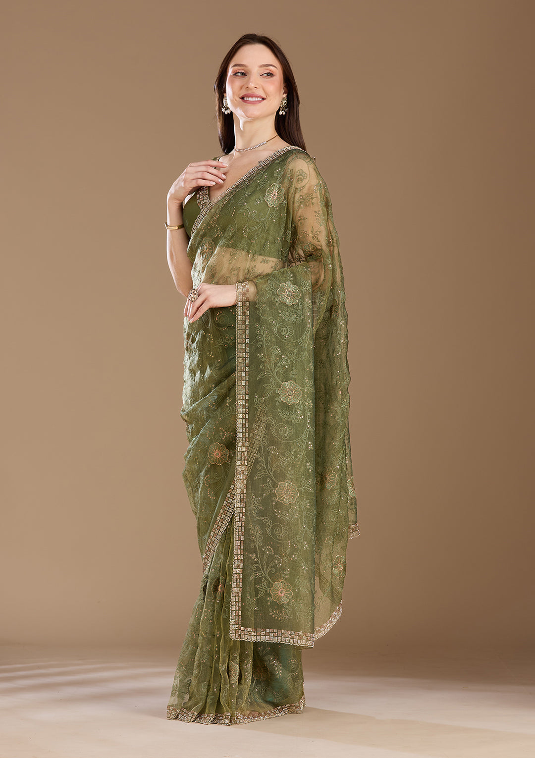 Mehendi Threadwork Tissue Saree