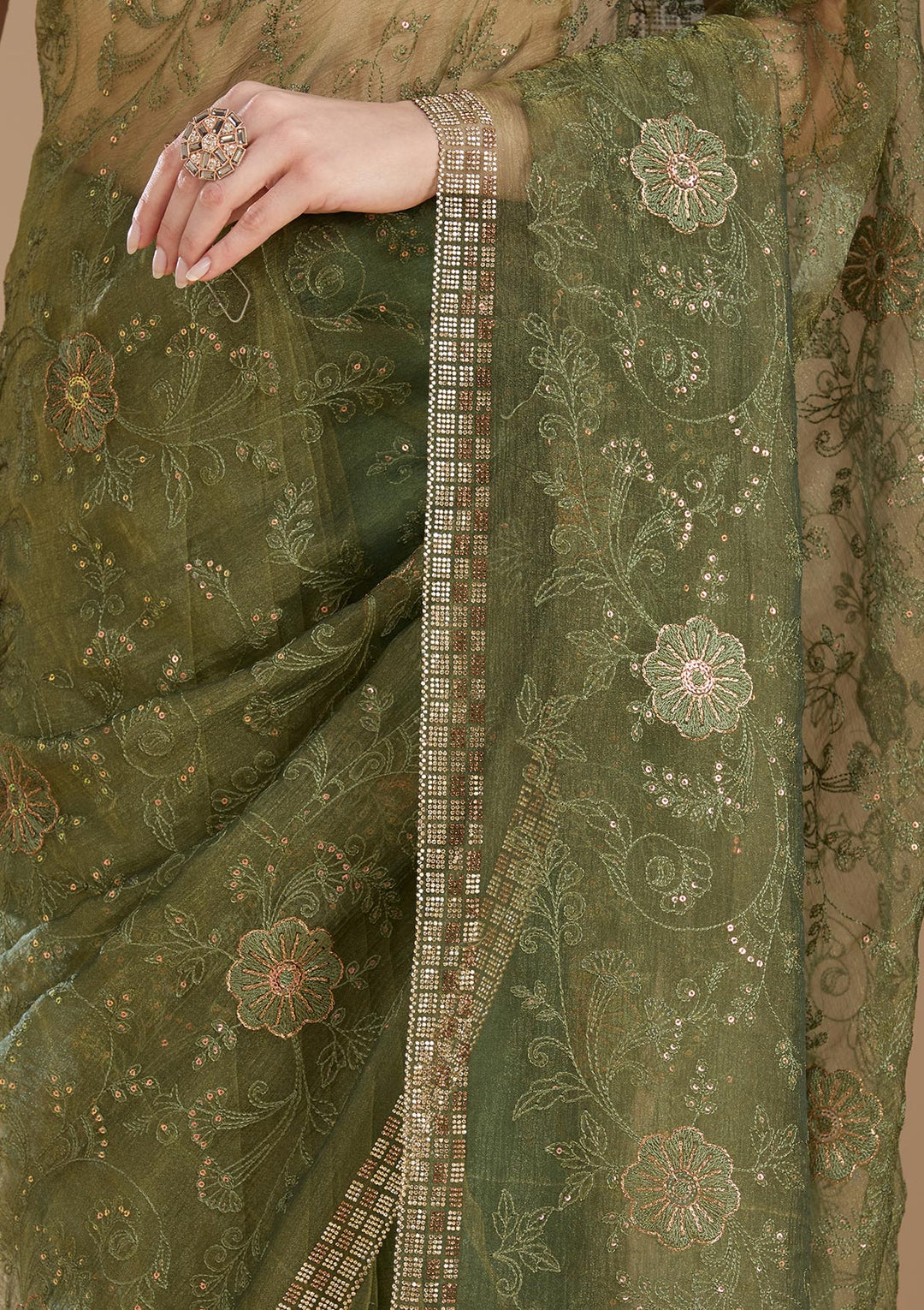 Mehendi Threadwork Tissue Saree