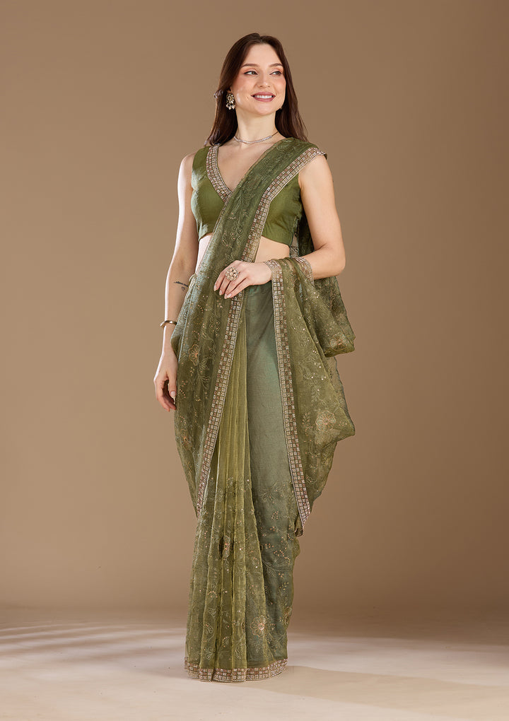 Mehendi Threadwork Tissue Saree