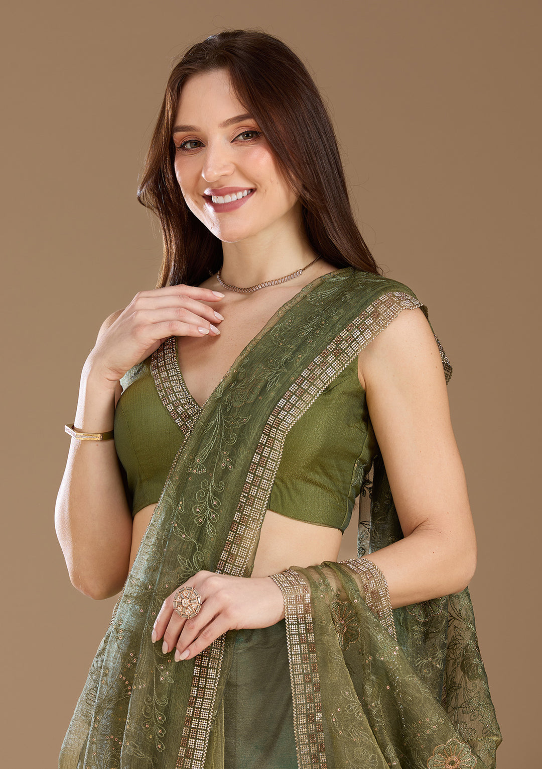 Mehendi Threadwork Tissue Saree